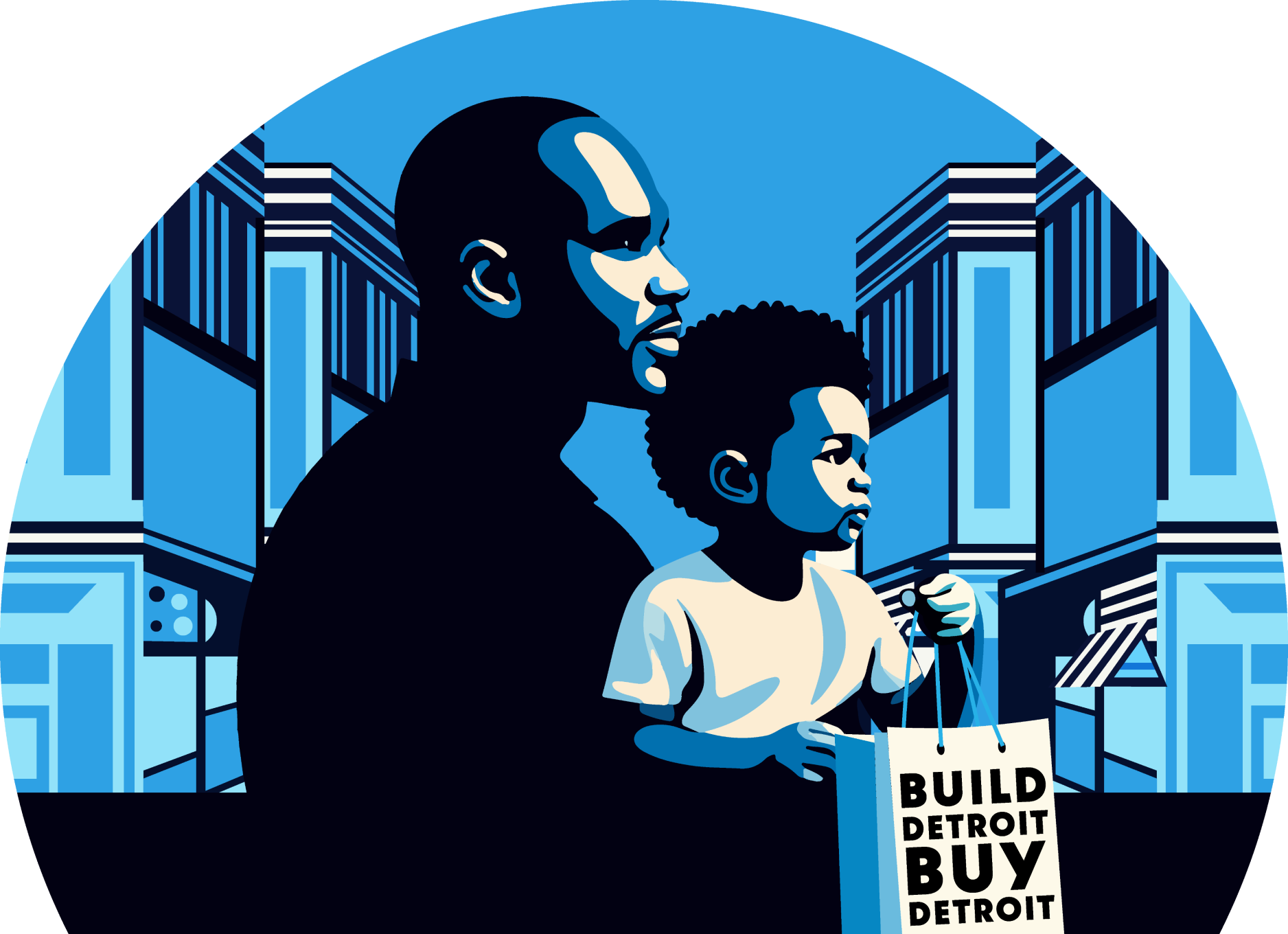 An illustration of a black man and a young black boy holding a shopping bag that reads 'build detroit buy detroit'