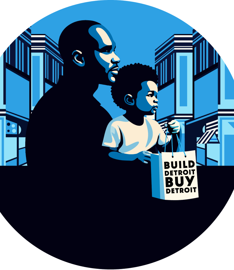 An illustration of a black man and a young black boy holding a shopping bag that reads 'build detroit buy detroit'