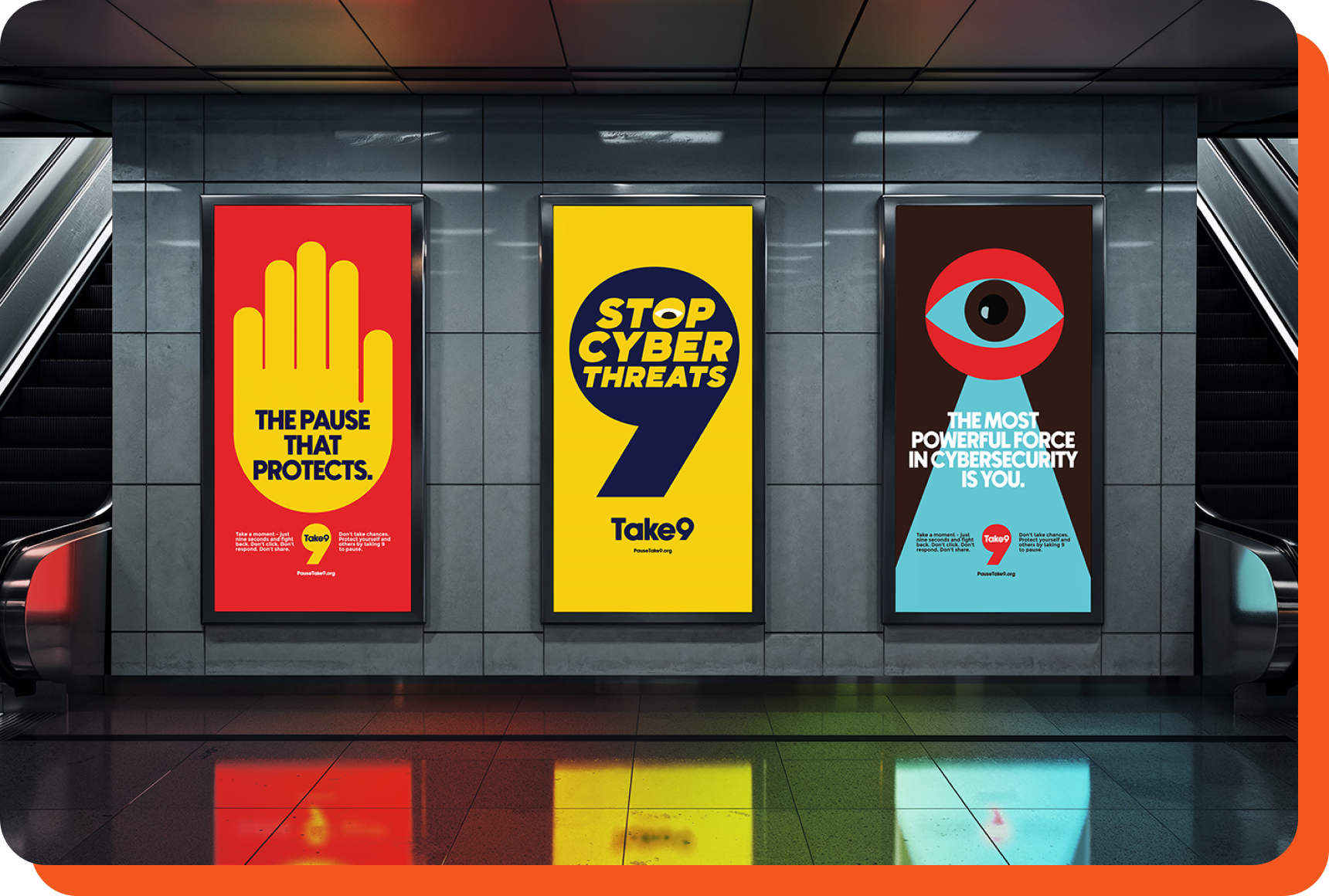 a subway station with three ads for Take 9 the pause that protects