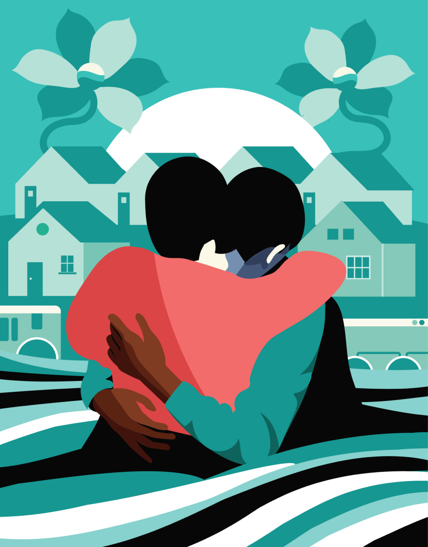 an illustration of two people hugging with a neighborhood in the background