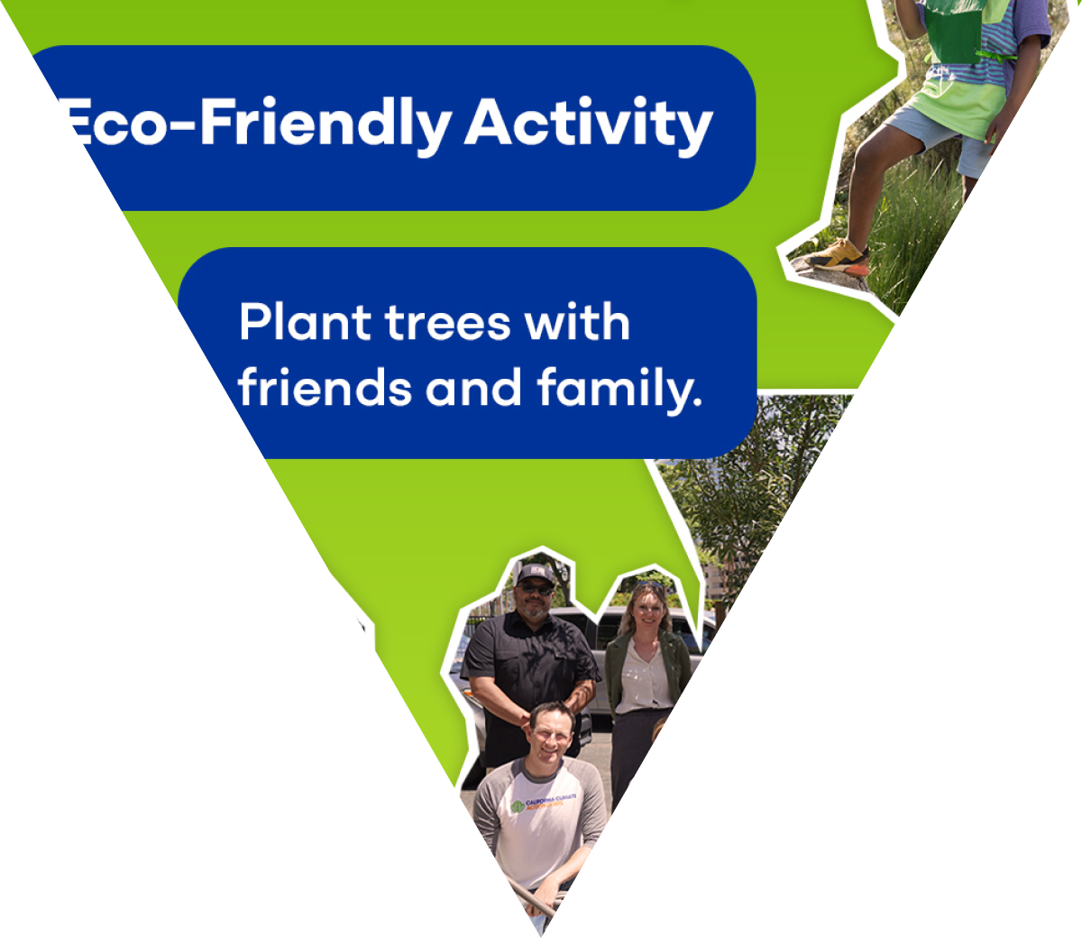 a social media graphic about Eco-friendly activies including planting a tree with friends and family