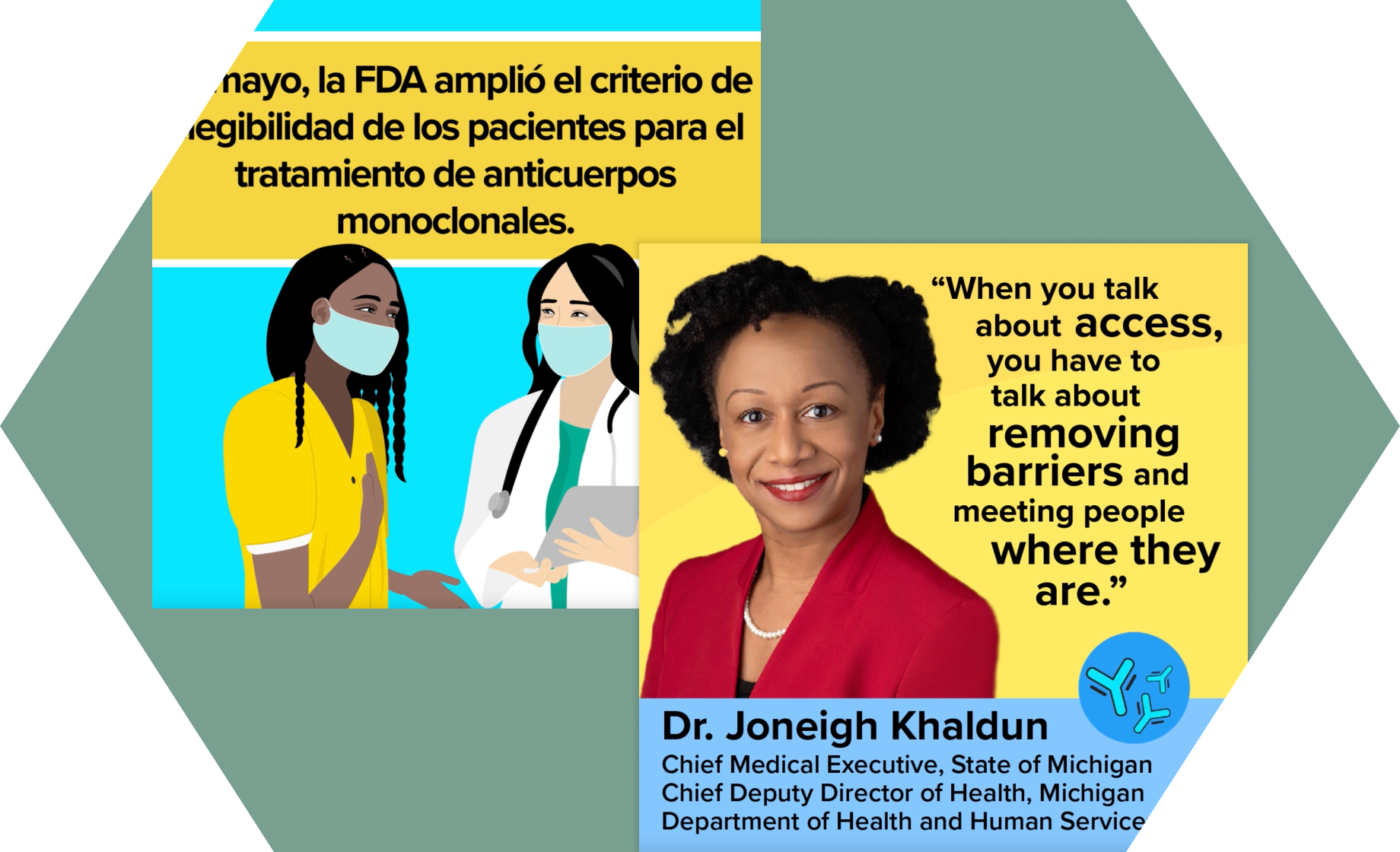 Illustration of a doctor and patient wearing masks and a photo of Dr. Joneigh Khaldun of the Michigan department of Health and Human Services
