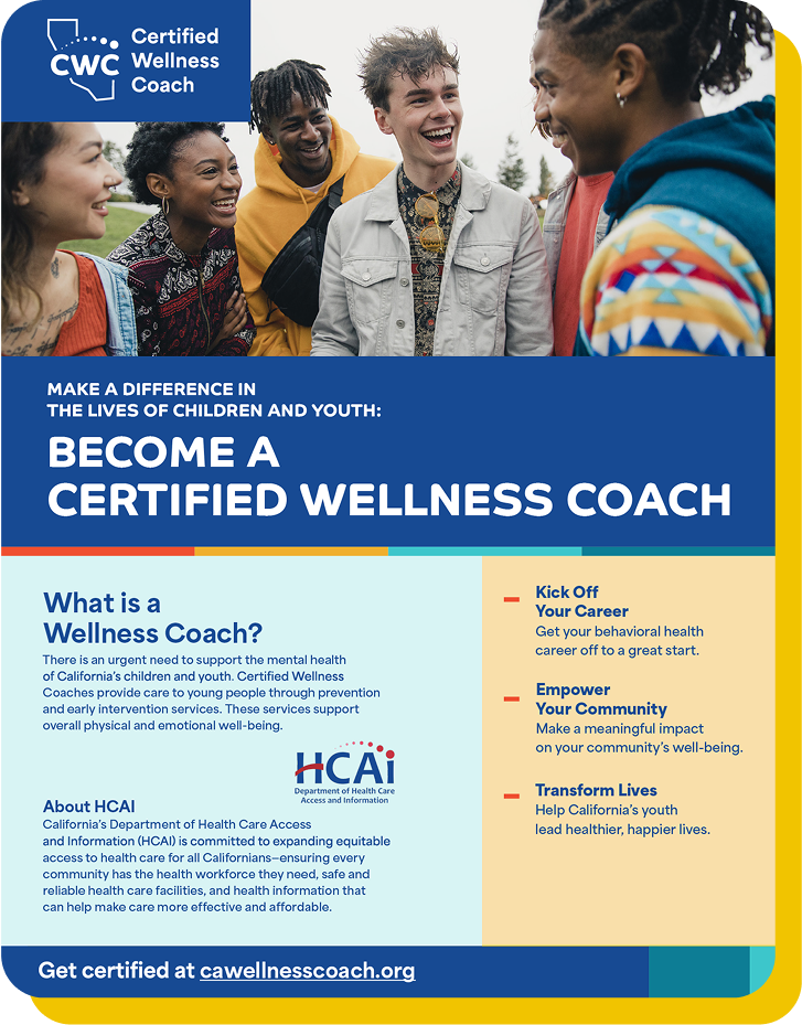Screenshot of information page on becoming a certified wellness coach displaying six young people smiling together