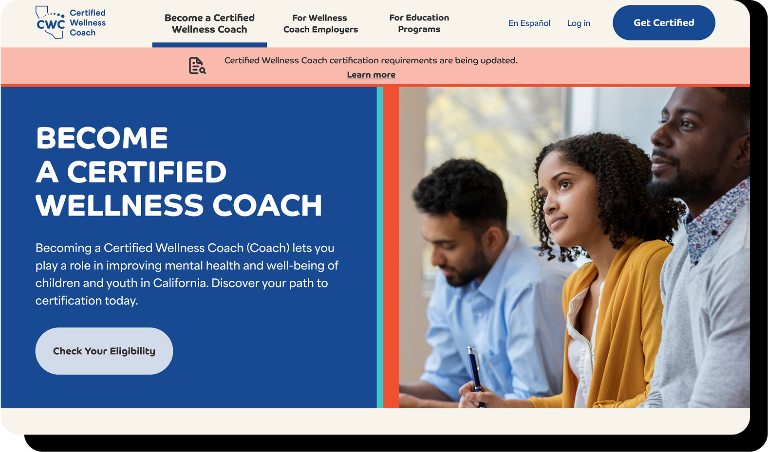 Screenshot of page on becoming a California certified wellness coach and displaying photo of two men and a young woman in a classroom setting