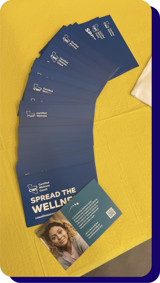 Photo of the front and back of California certified wellness coach business cards 