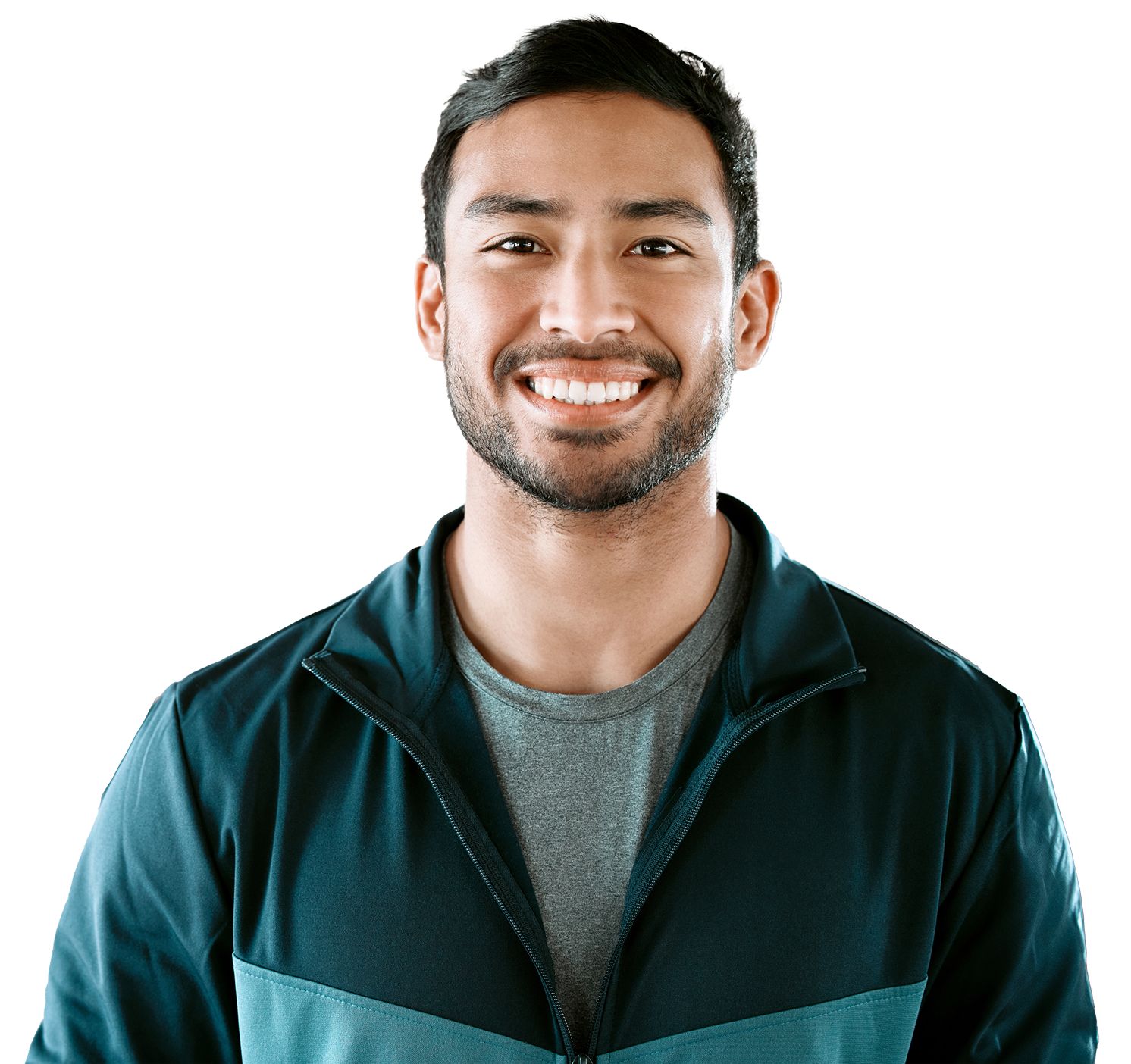 A smiling young Asian man with short dark hair and short facial hair wearing a zippered sweatshirt and gray t-shirt