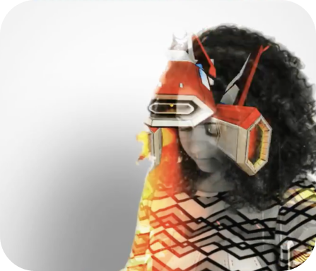 a woman with curly hair wearing a geometric top with electrical cord plugs overlaid on top of her head