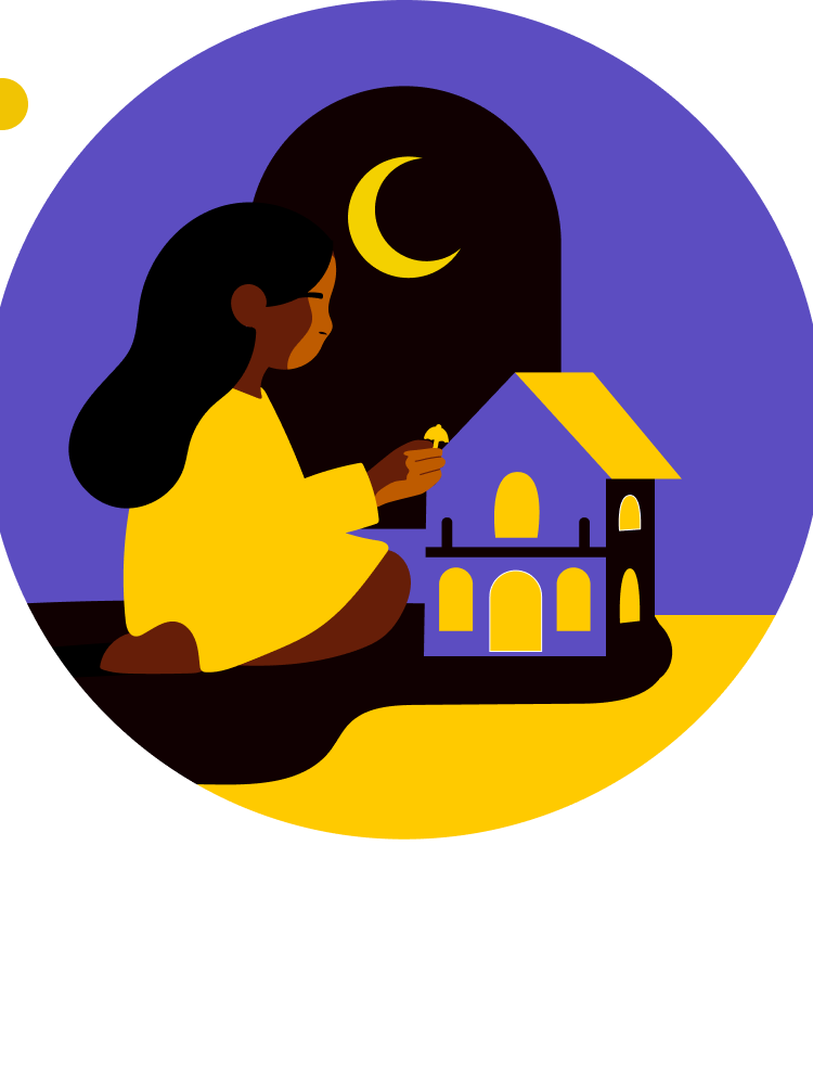 an illustration of a brown skinned girl playing with a dollhouse with a crescent moon