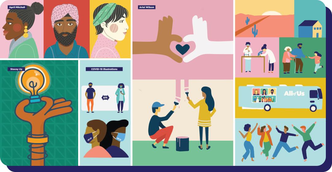a collection of brighly colored flat illustrations featuring people dancing, painting a fence and going to the doctor
