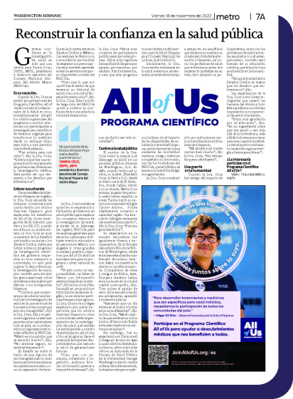 A Spanish news article about the All of Us Research program featured in the Washington Hispanic