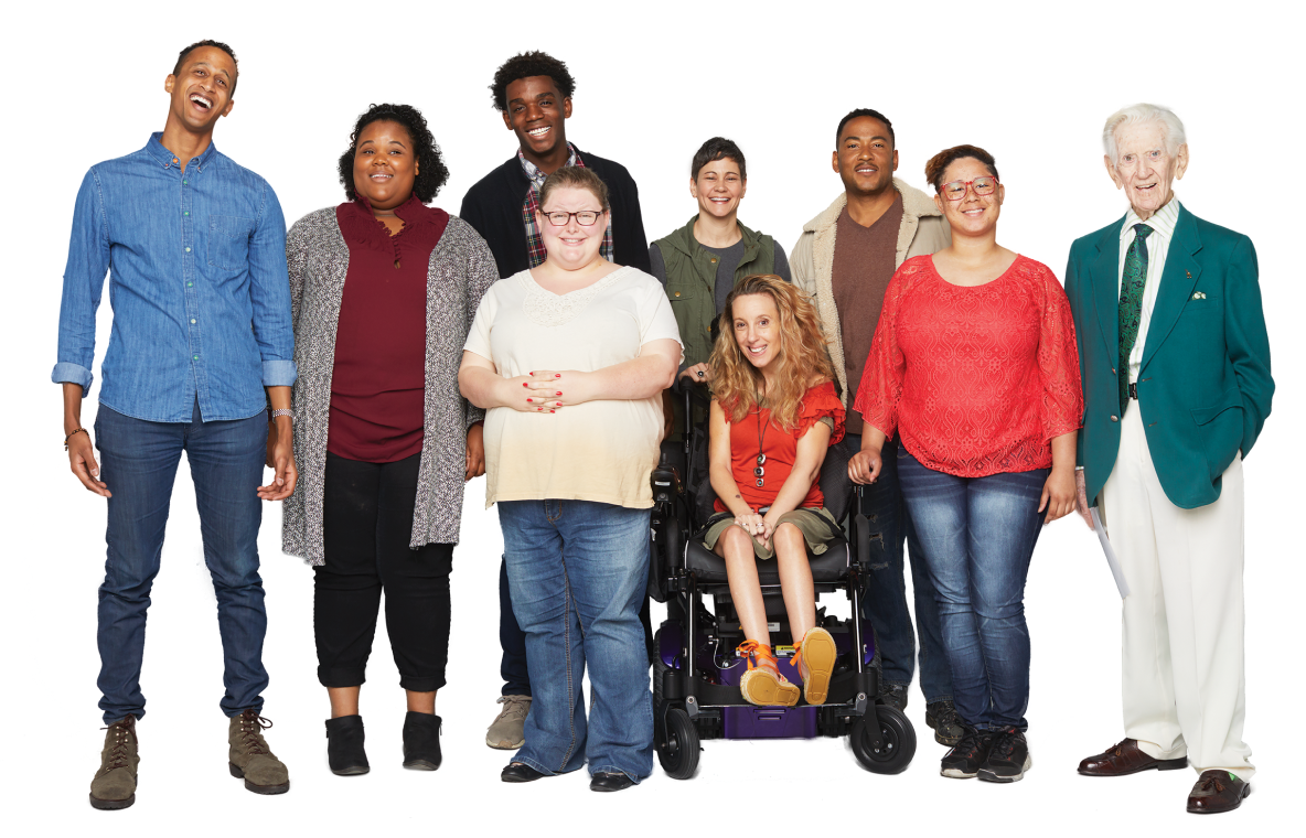 a group of 9 people of different ages, races, genders and heights