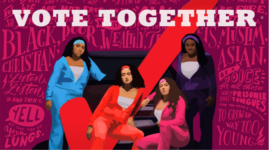 illustration of four young women each in a sweatsuit of different colors: blue, red, pink and purple