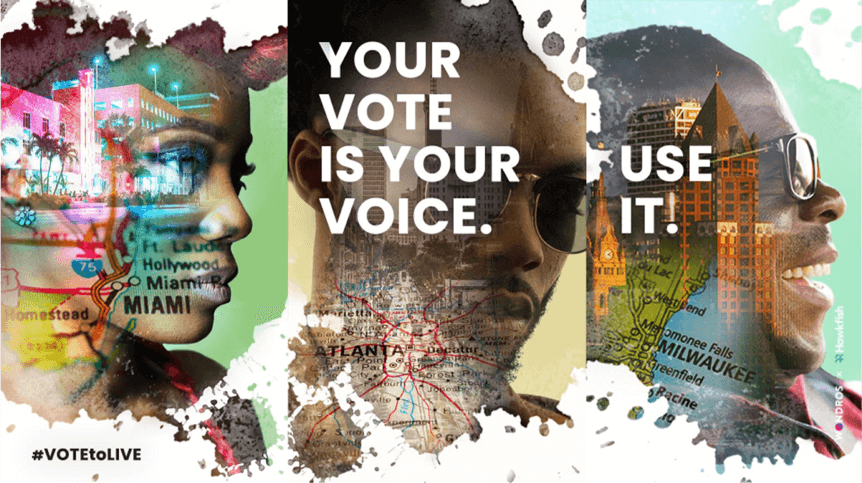 an artist rendering in black and dark red of a black young man wearing a t-shirt that reads \'BE POWERFUL VOTE TO LIVE\' 