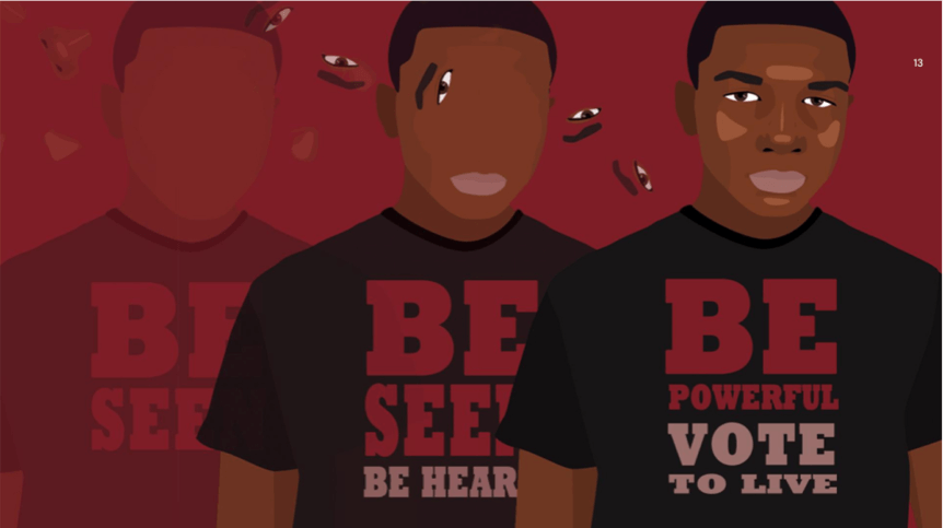 a collection of young black voters in Milwaukee, Atlanta and Miami with the text \'your vote is your voice. use it\' 