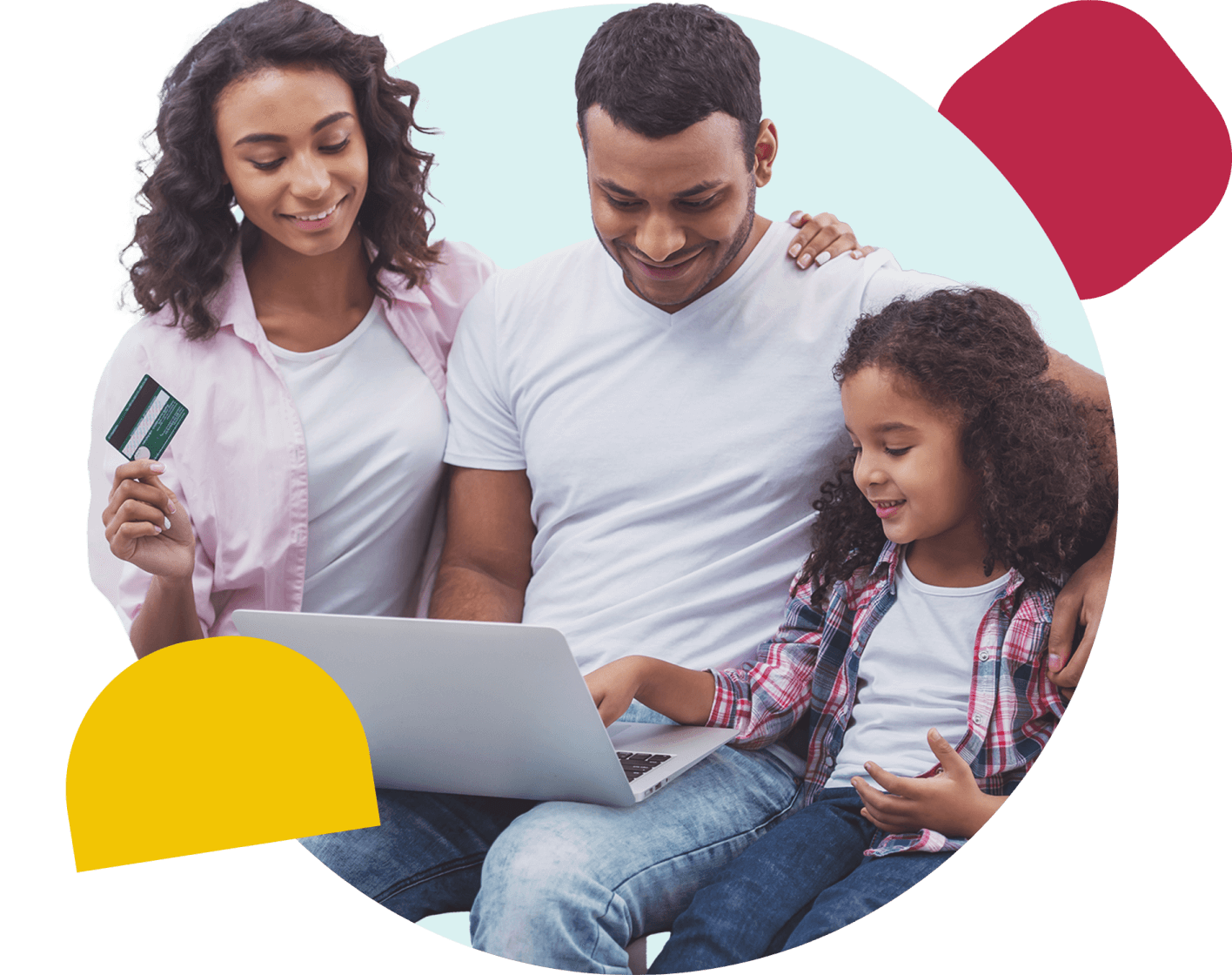 Father, mother and 8-year-old daughter with brown hair sit looking at a laptop together