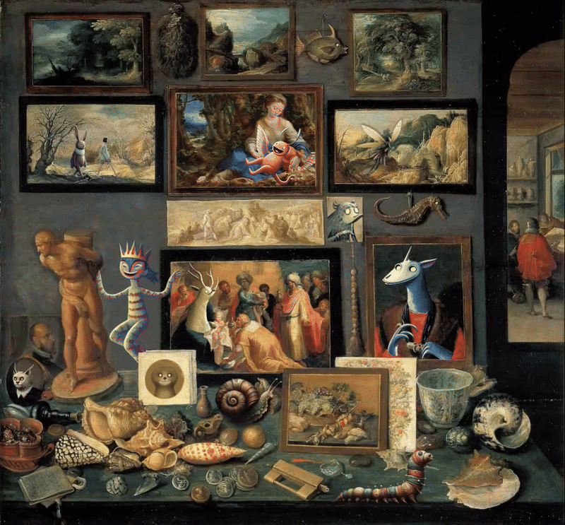 Cabinet of curiosities featuring a gallery wall of Renaissance art, shells and creatures
